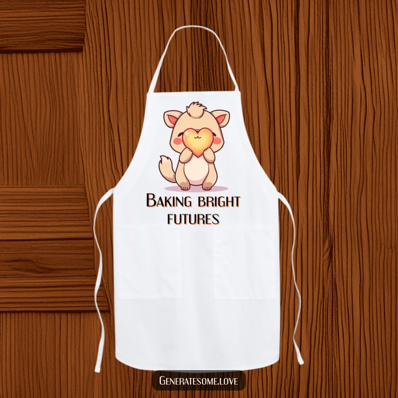 Funny apron showing a hopeful animal character holding a bright, glowing heart aloft, perfect for adding inspiration to kitchen tasks.