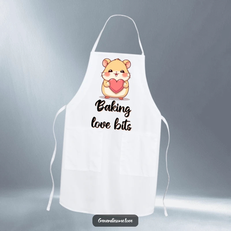 Funny kitchen apron with a giggling hamster character holding a heart with its tiny paws, perfect for cute cooking.