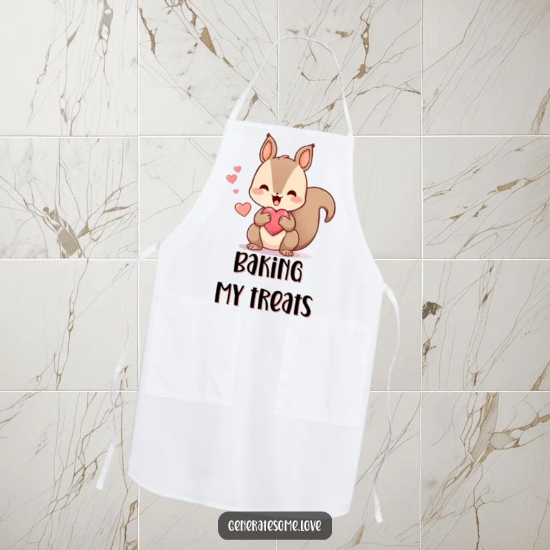 Funny apron with a kawaii squirrel happily chattering while holding a heart-shaped treat, adding charm and humor to kitchen activities.