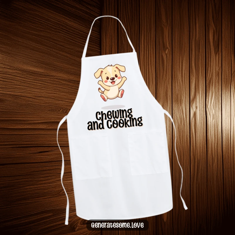 Funny apron with a playful puppy character bouncing happily, its tail wagging vigorously, ready for fun.
