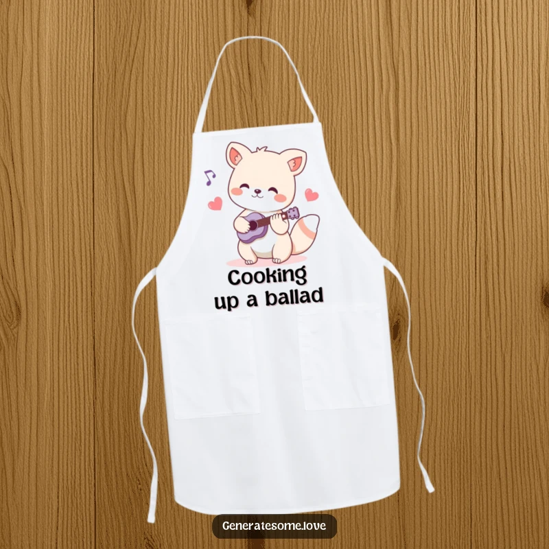Funny apron featuring a charming animal musician character playing a tune, surrounded by heart-shaped musical notes, perfect for musical cooks.
