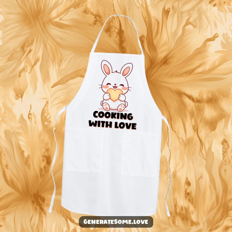 Funny joyful bunny apron, holding a glowing heart symbol, cute kitchen accessory for bakers.