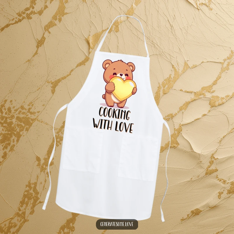 Funny kawaii bear apron showing a cute bear presenting a glowing heart, perfect for cooking with love.
