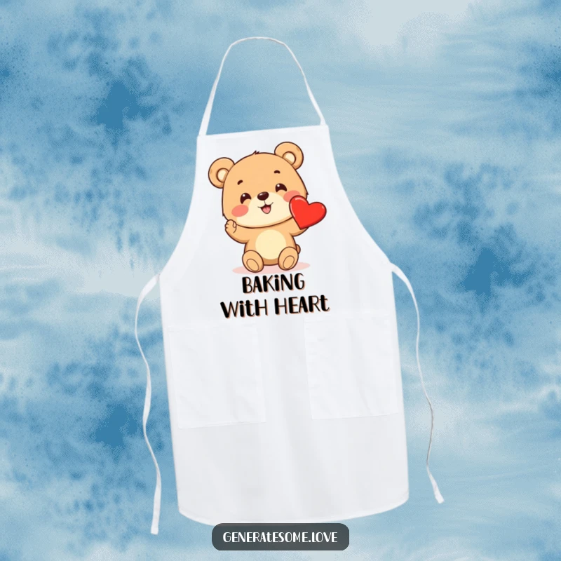 Funny apron with a cheerful bear cub excitedly offering a bright red heart, perfect for sweet kitchen moments.