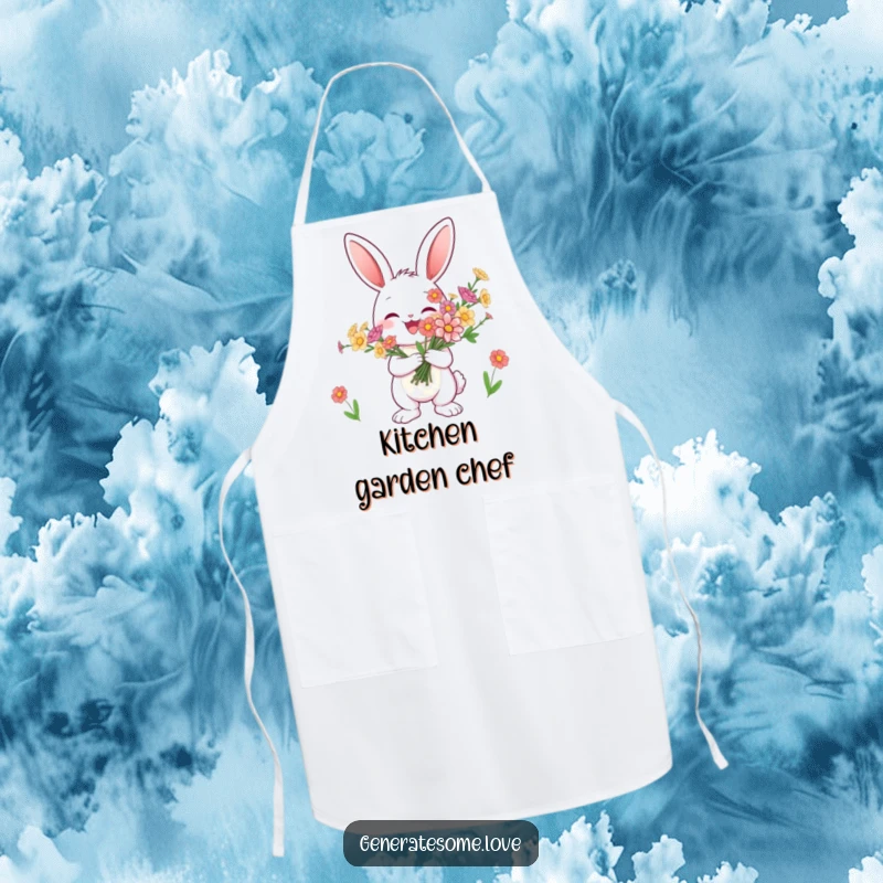 Funny bunny apron joyfully presenting flowers, ideal for kitchen fun and garden lovers, a cute gift.
