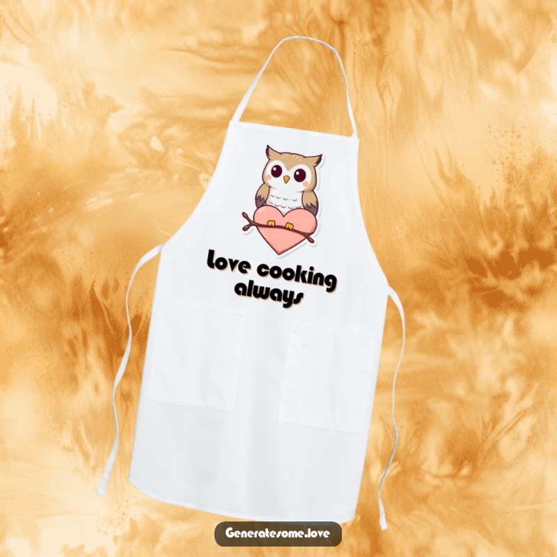 Funny apron depicting a small, happy owl character perching on a heart shape, symbolizing love.