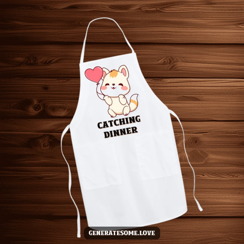 Funny playful animal character catching a floating heart with paws on a kitchen apron, adding playful charm to cooking.