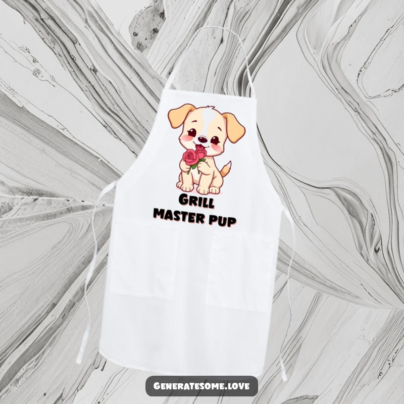 Funny puppy apron holding a rose while wagging its tail, ideal for cooking with love, a cute gift.