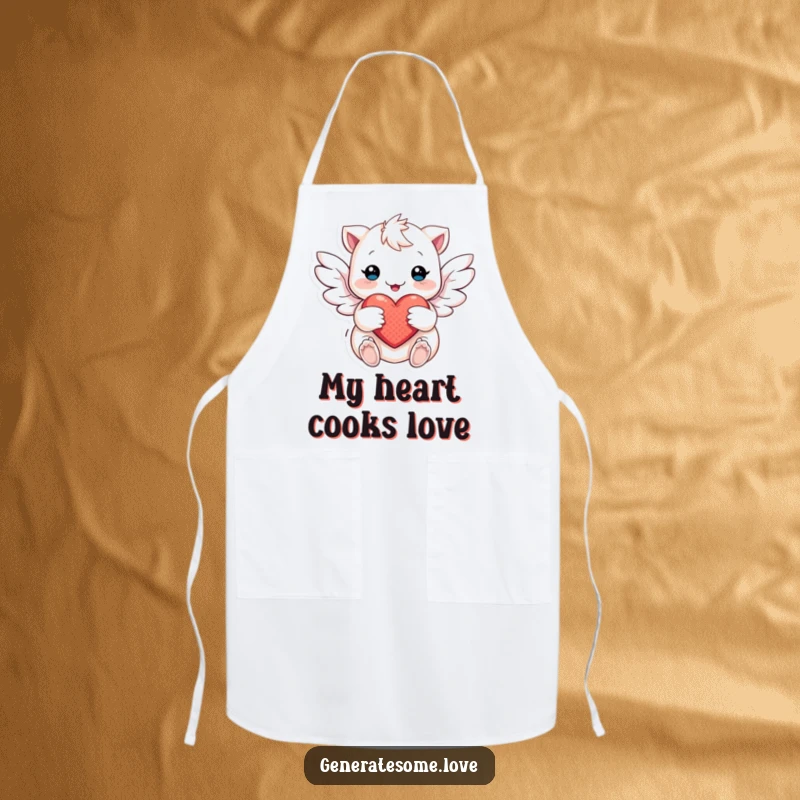 Funny Apron depicting a creature with soft wings gently fluttering around a heart, perfect for graceful food preparation.