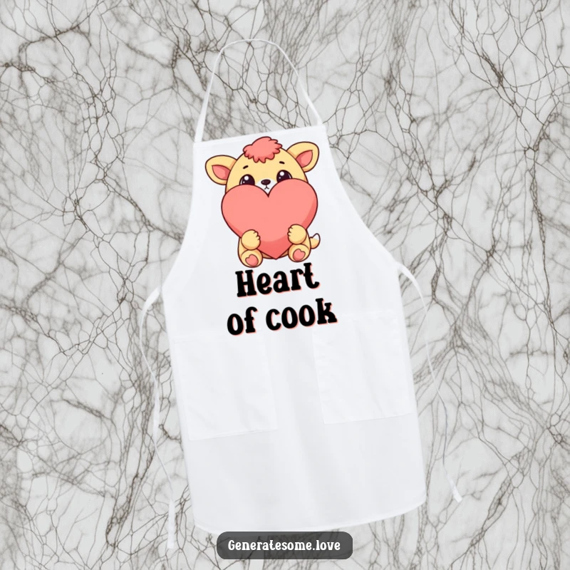 Funny cheerful animal character with wide eyes looking at a large heart, on a kitchen apron, for cooks who love.