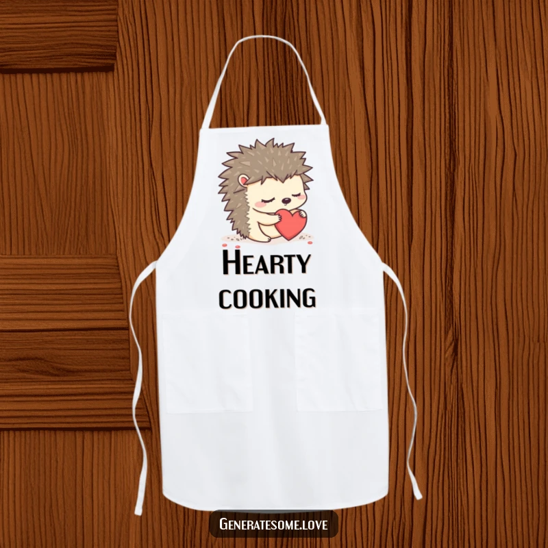 Funny sleepy hedgehog character wearing an apron, rolling a heart, ideal for a cute kitchen accessory.