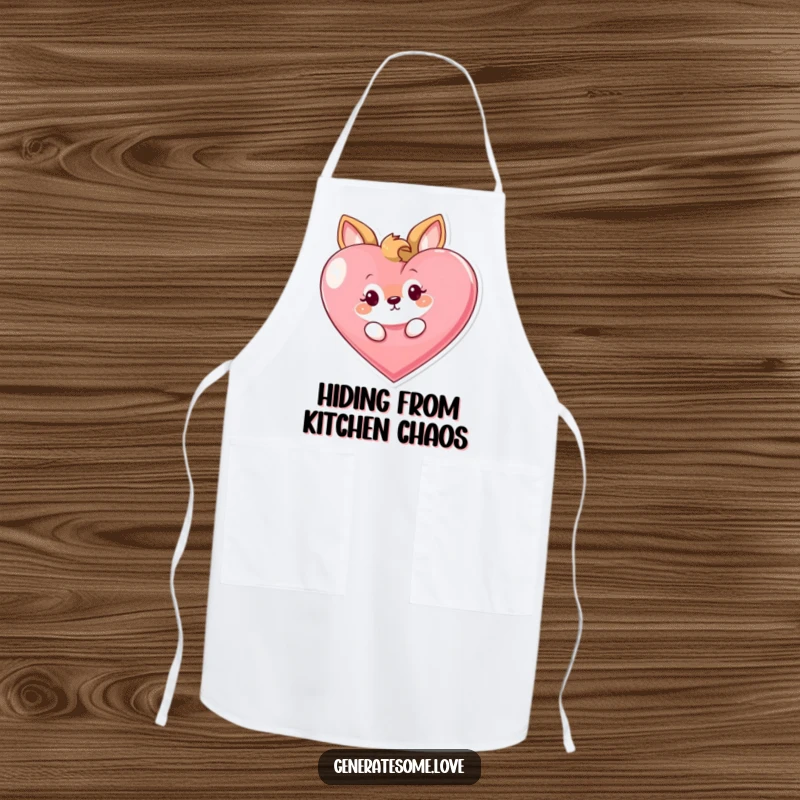 Funny apron showing a curious animal character playfully peeking from behind a large heart, perfect for adding playful humor to kitchen tasks.
