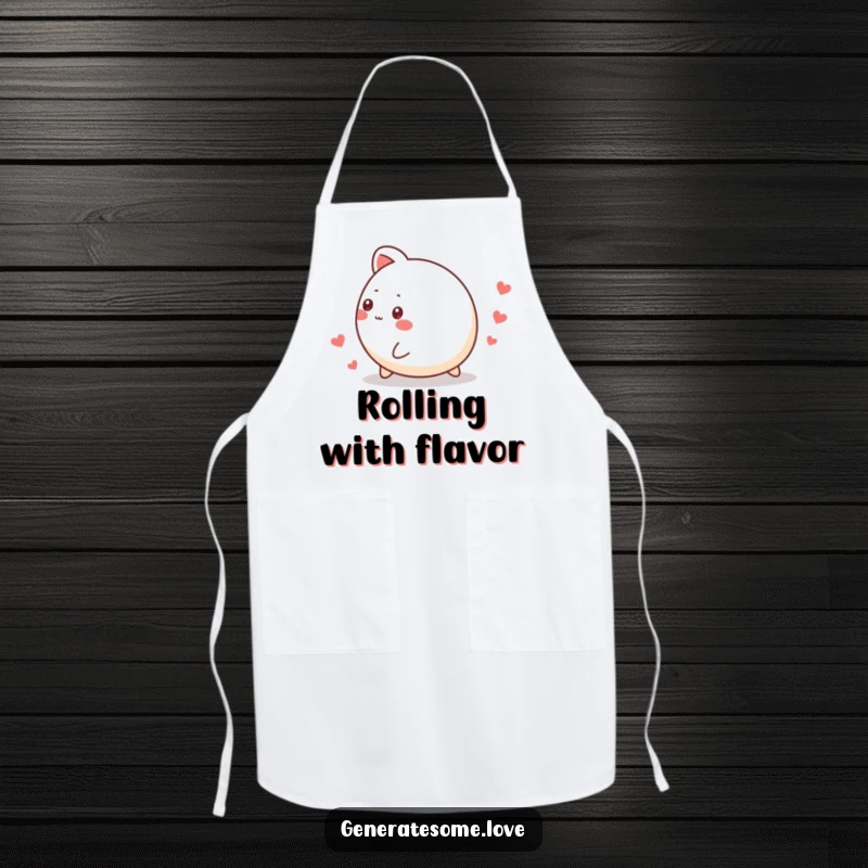 Funny apron showcasing a small, round animal character rolling merrily, leaving a trail of hearts, perfect for a playful cooking experience.