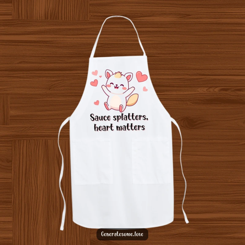 Funny apron illustrating a whimsical animal character in a happy jump with hearts around, making cooking and kitchen tasks more humorous.