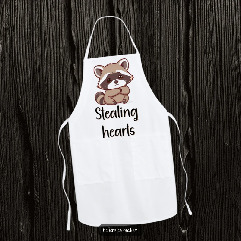 Funny curious raccoon peeking with intrigue from behind a heart while protecting your clothes on this humorous apron.