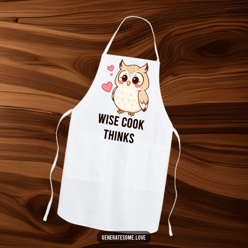 Funny kitchen apron with a curious owl character hooting softly, a heart hovering nearby, perfect for wise cooking.