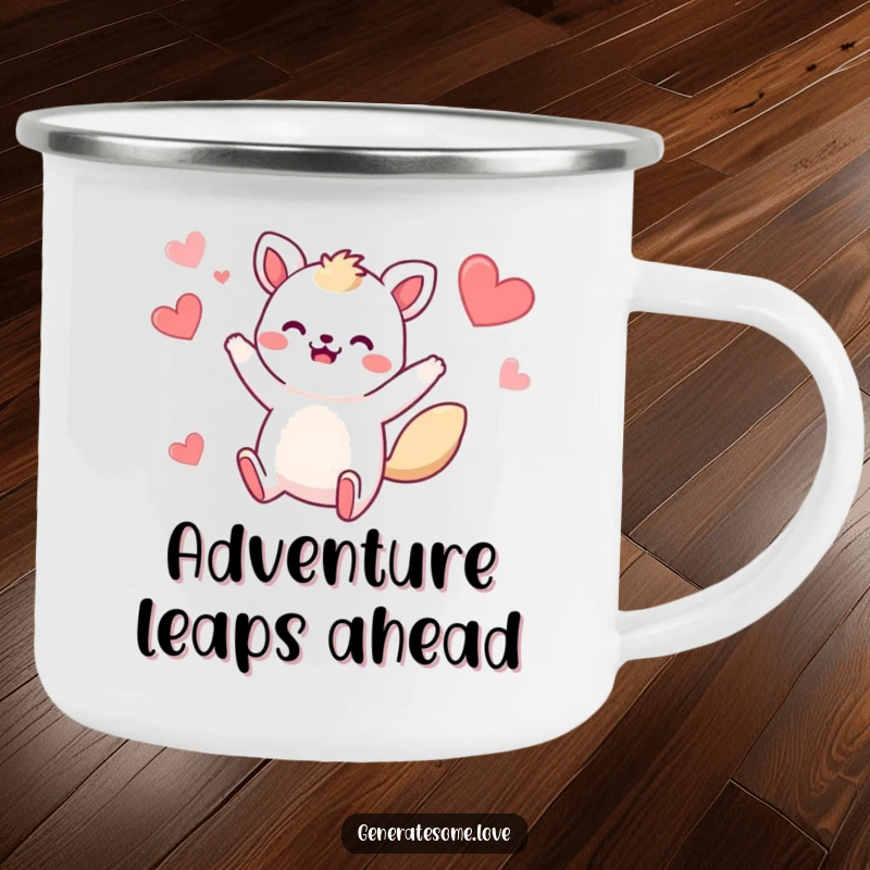 Funny camping mug with a whimsical animal character jumping joyfully amidst hearts, perfect for outdoor enjoyment and humorous sips.