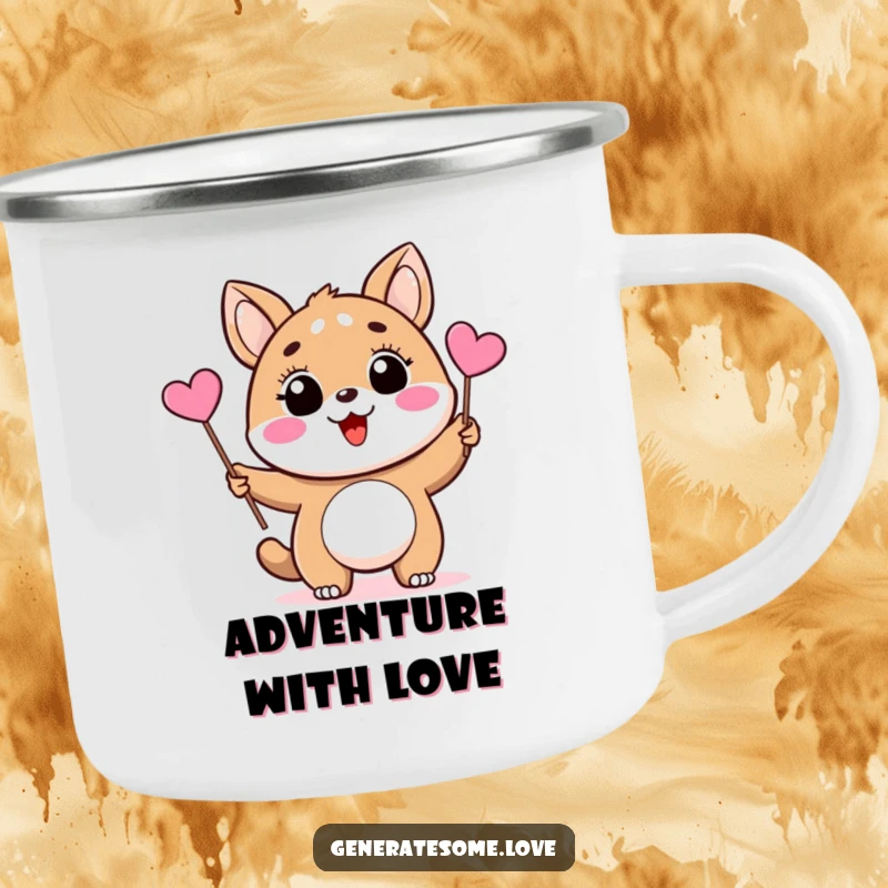 Funny camping mug with a happy animal character waving a small pink heart flag, perfect for enjoying drinks outdoors with joy.
