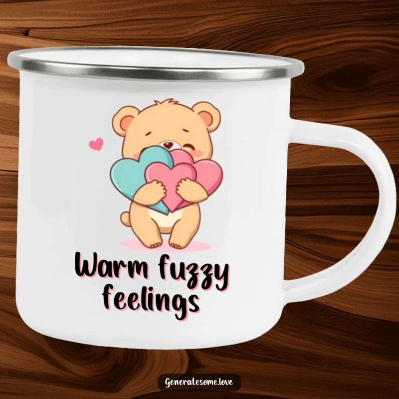 Funny camping mug featuring a bear cub character hugging two intertwined hearts, ready for campfire stories and hot drinks.