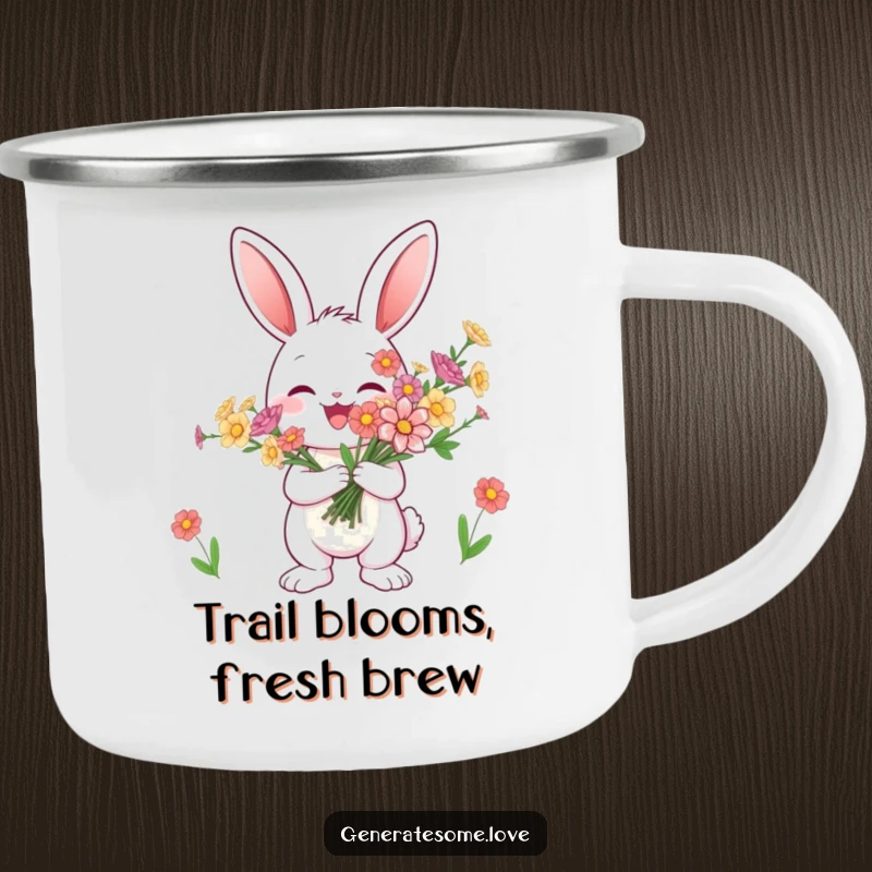 Funny bunny camping mug presenting flowers, perfect for outdoor drinks, a cheerful and durable gift.