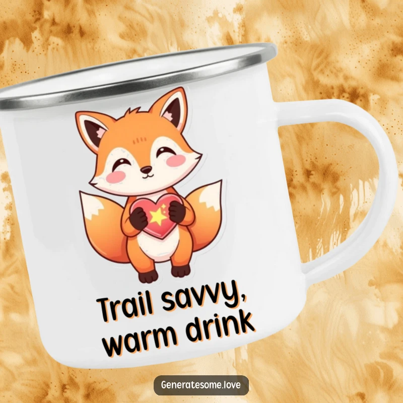Funny fox camping mug gifting a sparkly heart, perfect for outdoor drinks, a magical and durable gift.