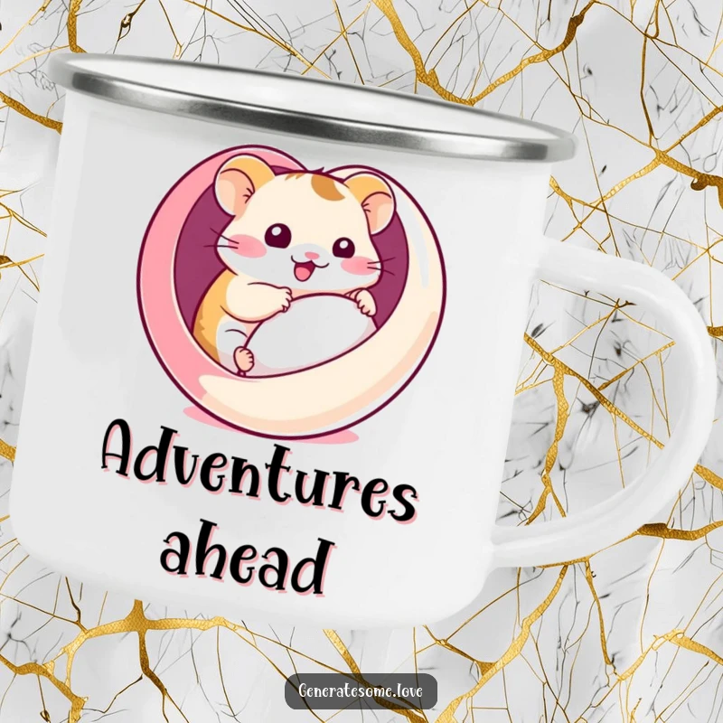 Funny camping mug with a kawaii hamster comically rolling inside a heart-shaped ball, perfect for outdoor use and spreading playful joy.
