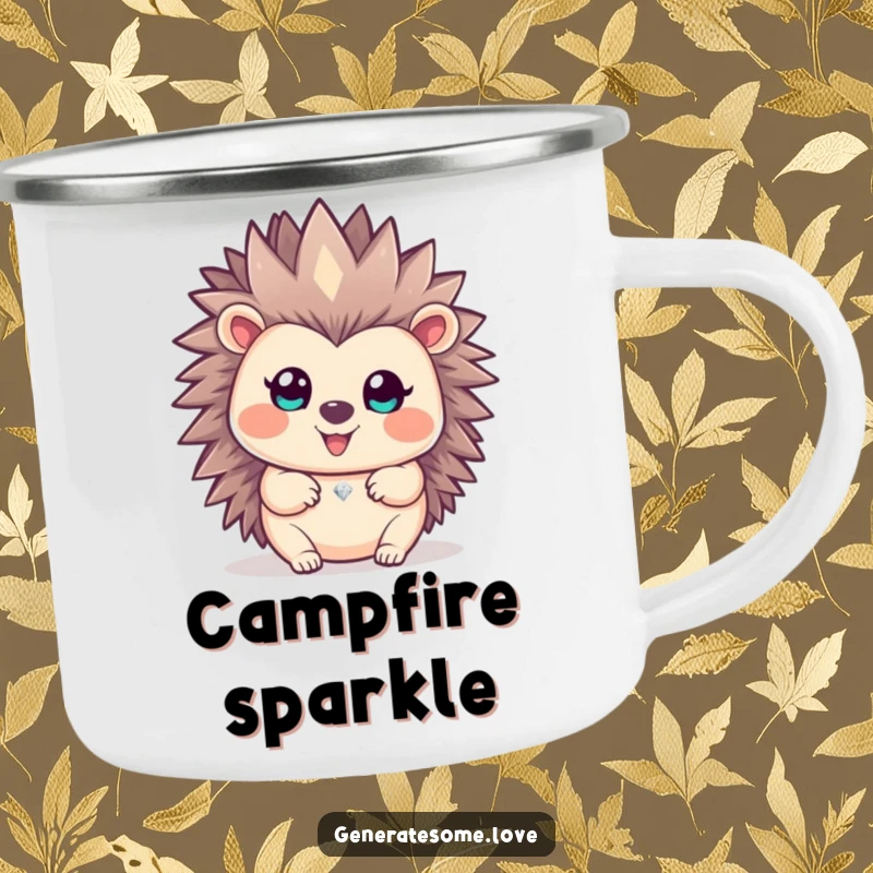Funny happy hedgehog character offering a sparkling gem on this durable camping mug for outdoor enjoyment.