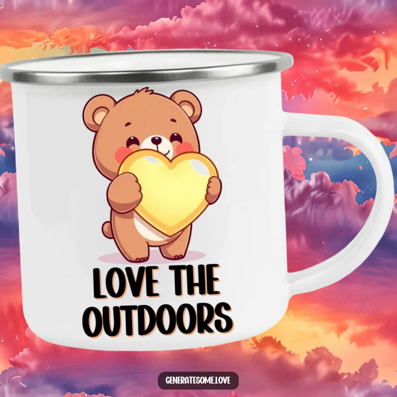 Funny kawaii bear camping mug featuring a cute bear offering a glowing heart, perfect for sharing love.