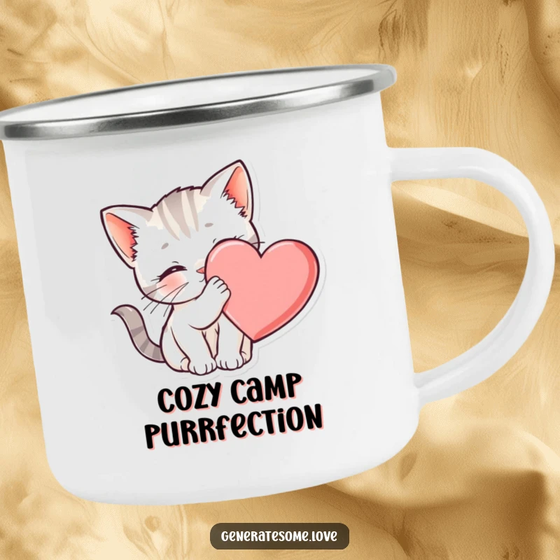 Funny kitten camping mug nuzzling a heart, perfect for outdoor drinks, a cozy and durable gift.