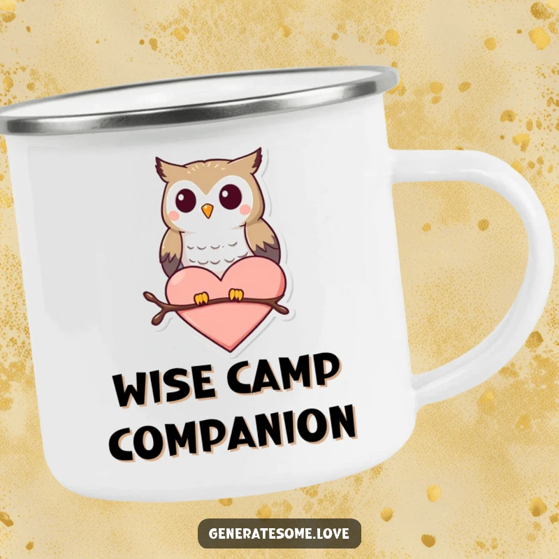 Funny camping mug with a small, happy owl perched on a heart shape, designed for love-filled adventures.
