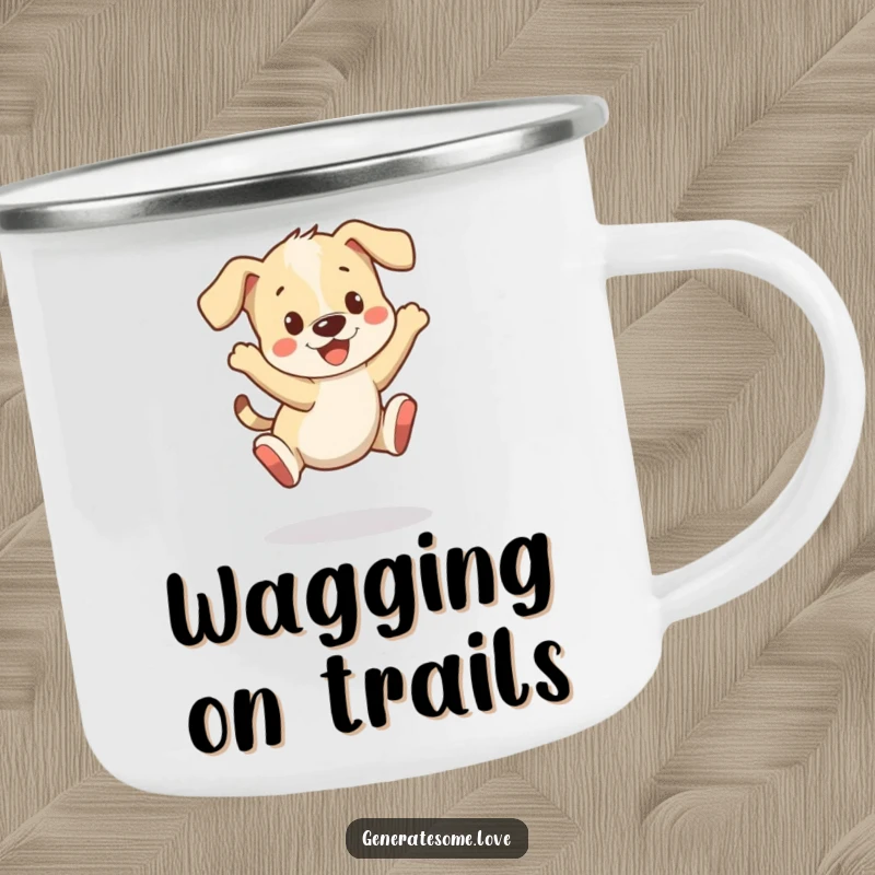 Funny camping mug featuring a playful puppy character bouncing happily, tail wagging, perfect for outdoor fun.