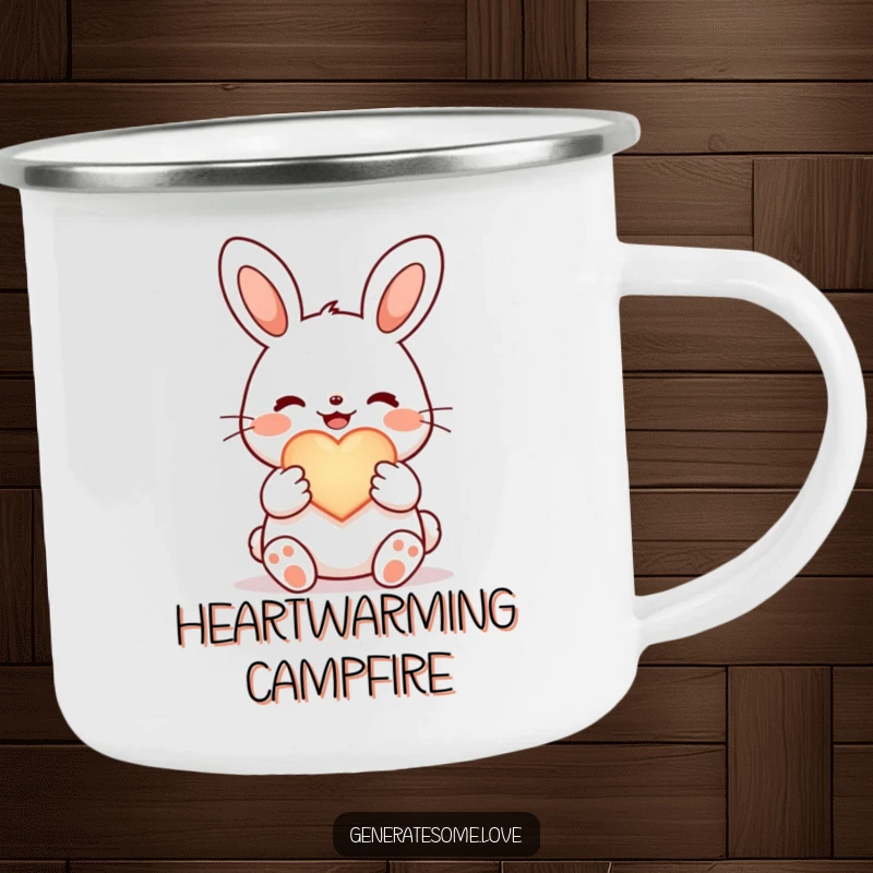 Funny joyful bunny camping mug, holding a glowing heart symbol, durable and heartwarming outdoor drinkware.