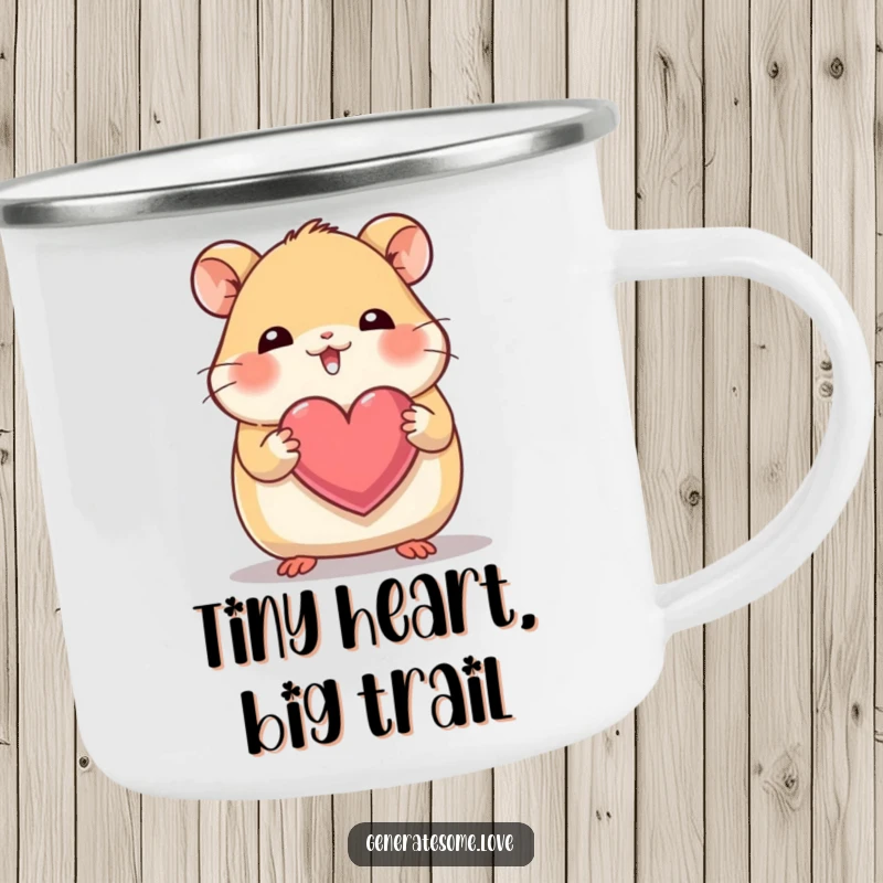 Funny enamel camping mug with a giggling hamster character holding a heart with its tiny paws, for outdoor cuteness.