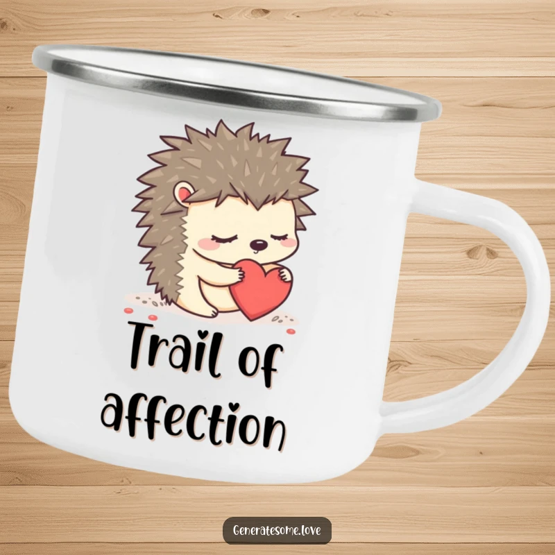 Funny sleepy hedgehog character on a camping mug, rolling a heart, ready for outdoor adventures.