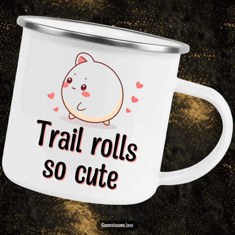 Funny camping mug showing a small, round animal character rolling joyfully, creating a trail of tiny hearts, great for outdoor enthusiasts.