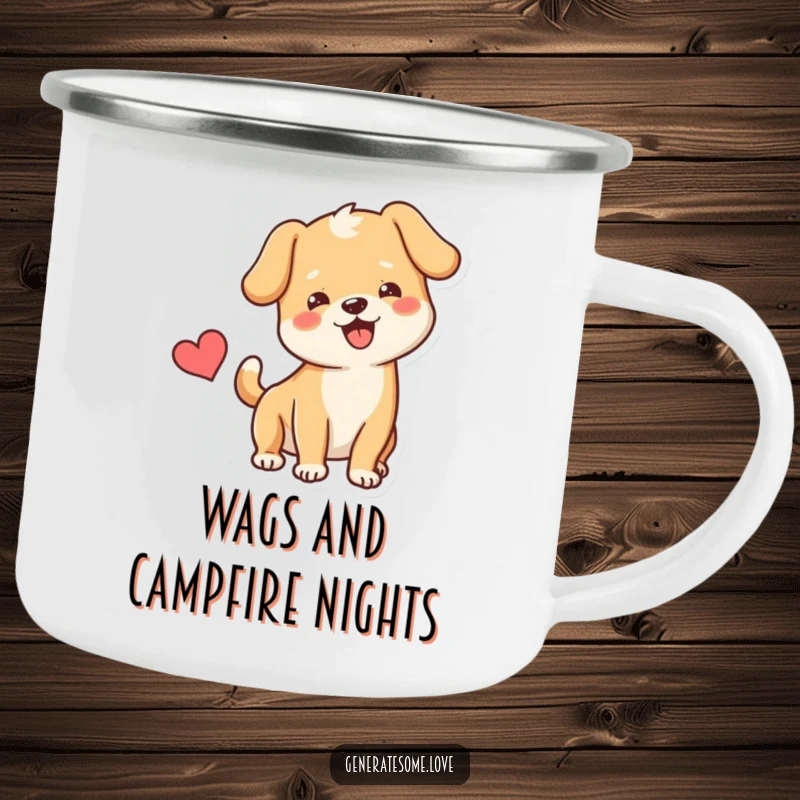 Funny Camping Mug showing a happy dog wagging its tail beside a heart, perfect for cheerful outdoor beverage enjoyment.