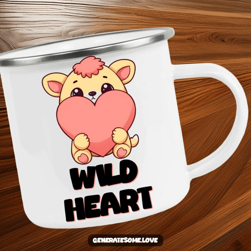 Funny cheerful animal character with wide eyes looking at a large heart on a sturdy camping mug, for outdoor warmth.