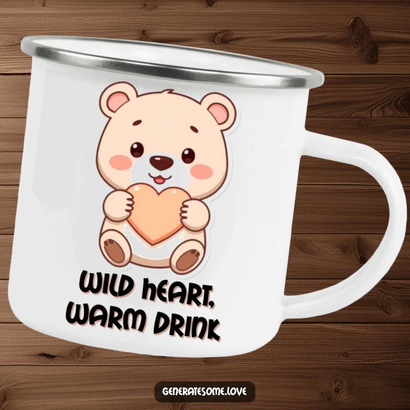 Funny cute bear camping mug smiling and holding a heart, perfect for outdoor drinks, a durable gift.