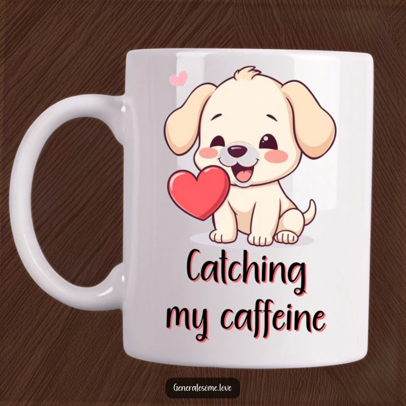 Funny mug showing a cheerful puppy with tongue out, attempting to catch a floating heart, conveying pure puppy love and playful energy.