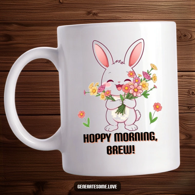 Funny bunny mug joyfully presenting a colorful bouquet of flowers, radiating happiness and spring vibes, great gift.