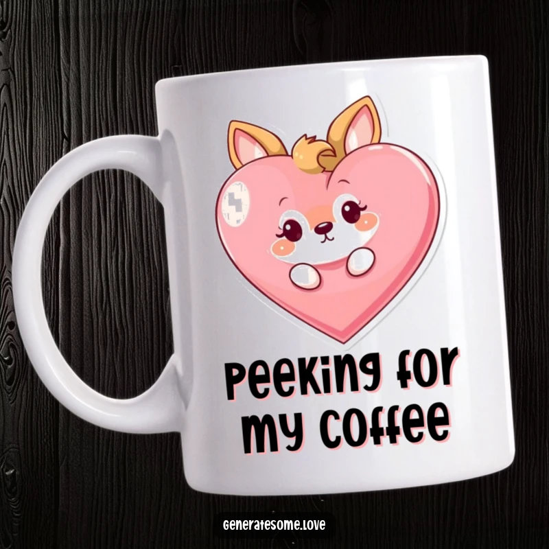 Funny mug featuring a curious animal character peeking out playfully from behind a large, prominent heart shape, full of playful intrigue.