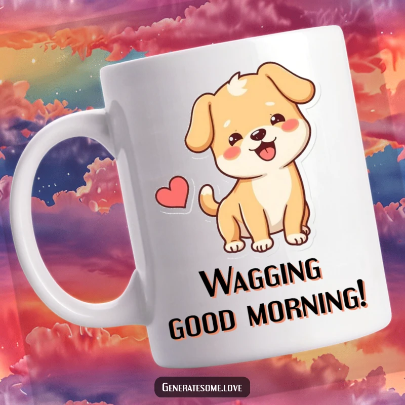 Funny Mug featuring a happy dog character with a vigorously wagging tail next to a floating heart, expressing pure canine affection.