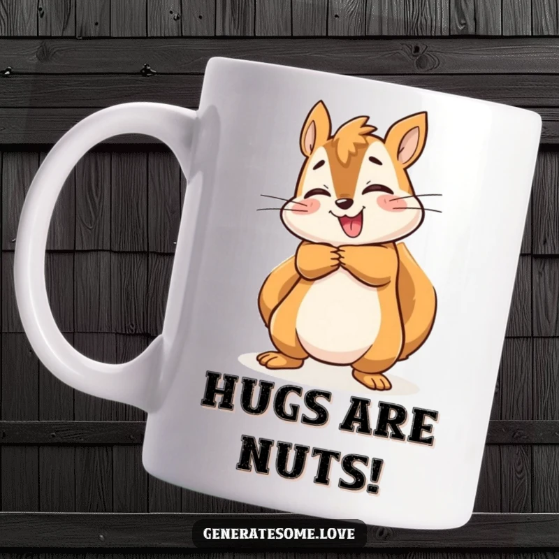 Funny energetic squirrel character enthusiastically giving a big, joyful hug on a delightful ceramic mug.