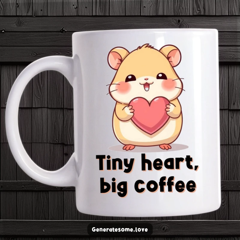 Funny mug featuring a giggling hamster character carefully carrying a heart with its tiny paws, full of love.