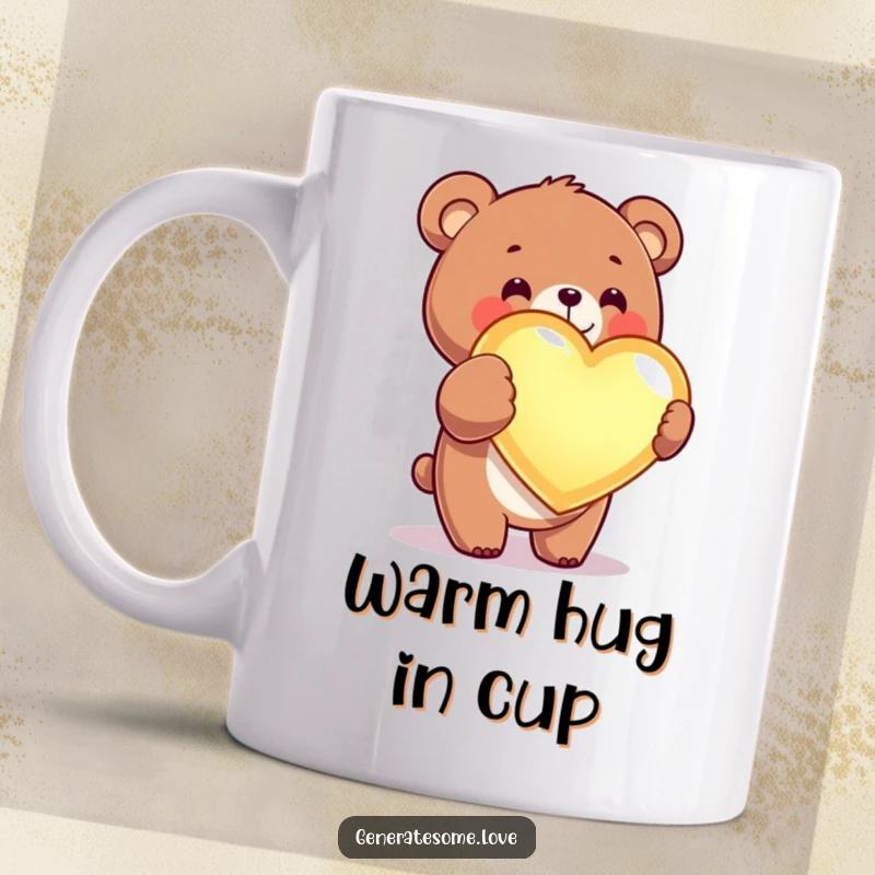 Funny kawaii bear mug featuring a cute bear joyfully presenting a large, glowing heart, symbolizing love.