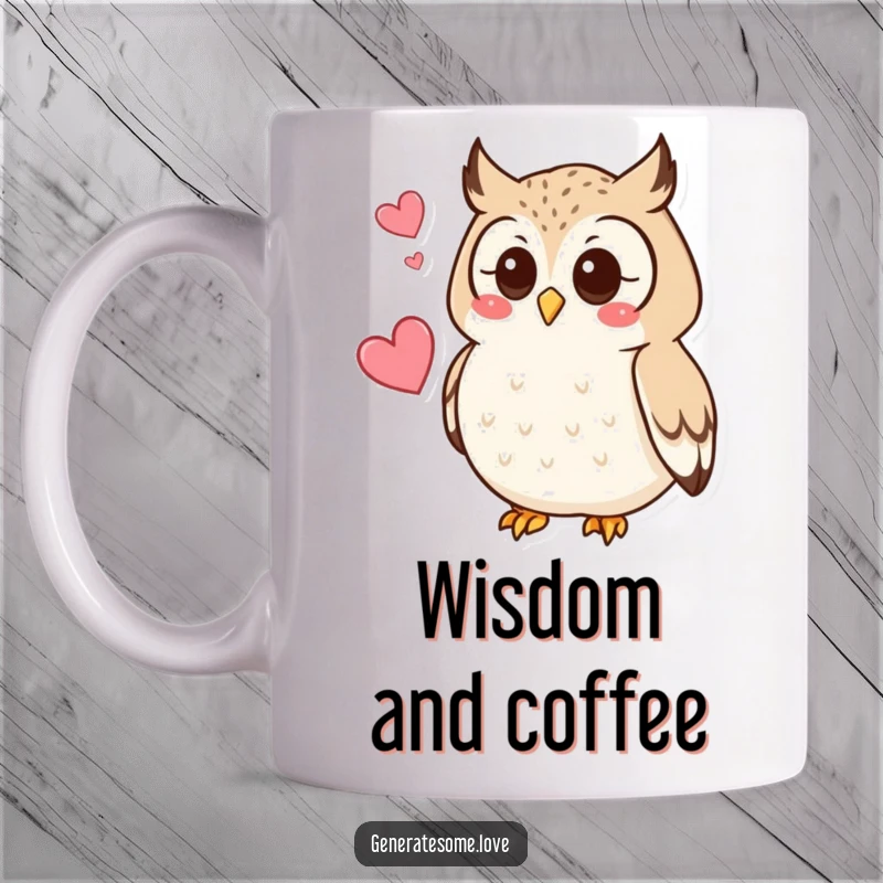Funny mug depicting a curious owl character softly hooting, with a small heart hovering nearby, symbolizing gentle affection.