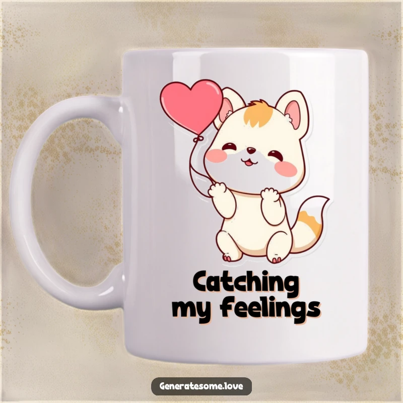 Funny playful animal character catching a floating red heart with its paws, on a ceramic mug, celebrating love and joy.