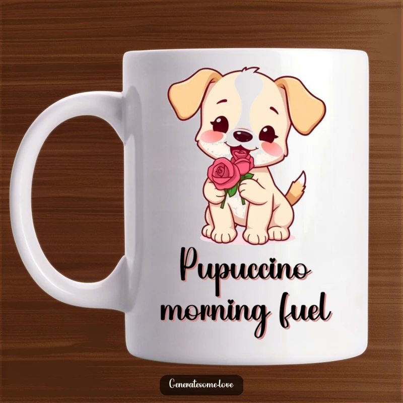 Funny playful puppy mug wagging its tail, holding a red rose, conveying love and loyalty, a great gift.