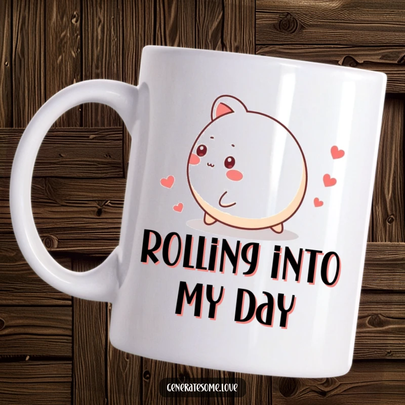 Funny mug featuring a small, round animal character joyfully rolling and leaving a trail of tiny hearts, conveying pure happiness.