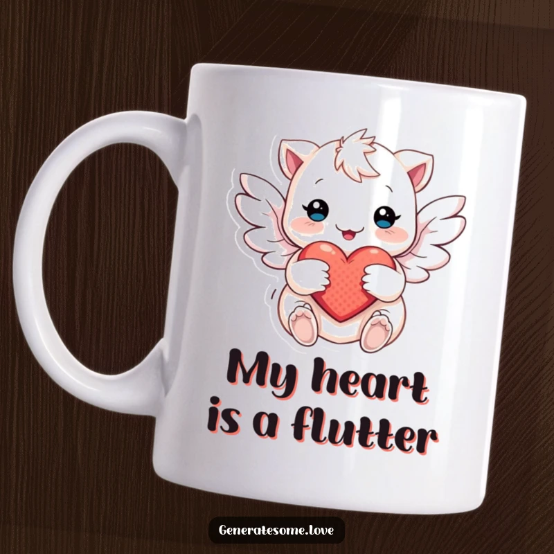 Funny Mug featuring a creature with soft, delicate wings fluttering lovingly around a heart, symbolizing gentle affection and care.